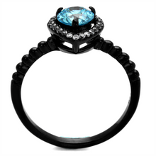 TK2364 - Stainless Steel Ring IP Black(Ion Plating) Women AAA Grade CZ Sea Blue