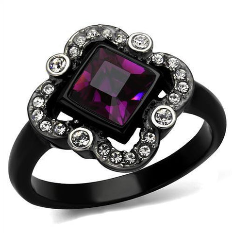 TK2489 - Stainless Steel Ring Two-Tone IP Black Women Top Grade Crystal Fuchsia