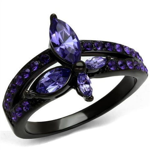 TK2490 - Stainless Steel Ring IP Black(Ion Plating) Women Top Grade Crystal Tanzanite