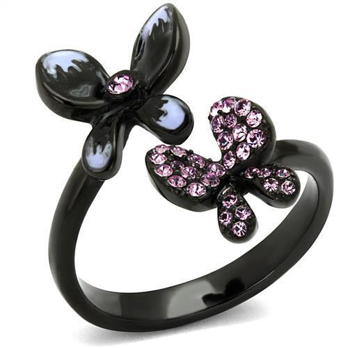 TK2554 - Stainless Steel Ring IP Black(Ion Plating) Women Top Grade Crystal Light Amethyst