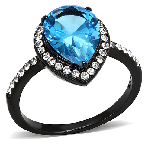 TK3057 - Stainless Steel Ring IP Black(Ion Plating) Women Synthetic Sea Blue