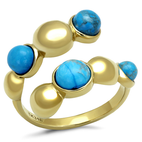 TK3091 - Stainless Steel Ring IP Gold(Ion Plating) Women Semi-Precious Sea Blue