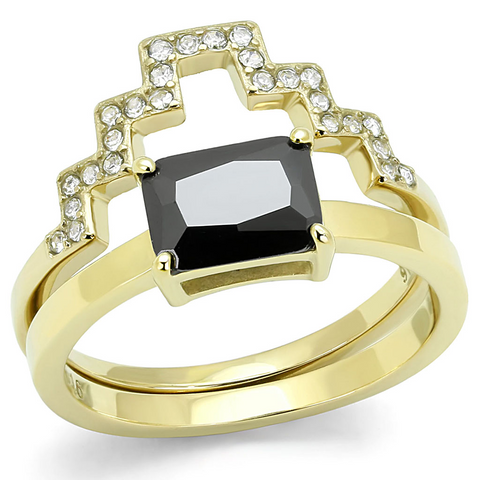 TK3127 - Stainless Steel Ring IP Gold(Ion Plating) Women AAA Grade CZ Black Diamond