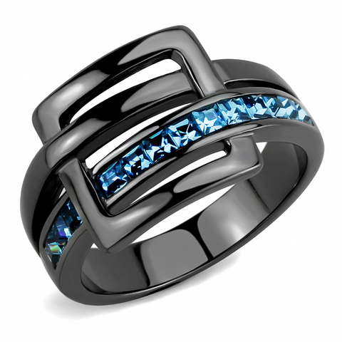 TK3451 - Stainless Steel Ring IP Light Black  (IP Gun) Women Top Grade Crystal Sea Blue