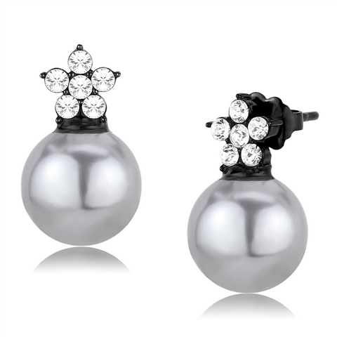 TK3482 - IP Black(Ion Plating) Stainless Steel Earrings with Synthetic Pearl in Light Gray