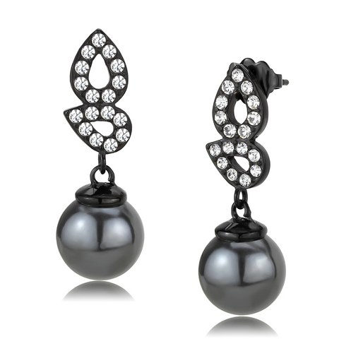 TK3483 - IP Black(Ion Plating) Stainless Steel Earrings with Synthetic Pearl in Gray