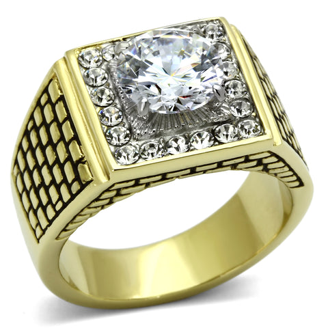 TK735 - Stainless Steel Ring Two-Tone IP Gold (Ion Plating) Men AAA Grade CZ Clear