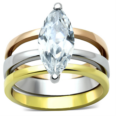 TK964 - Stainless Steel Ring Three Tone IP?IP Gold & IP Rose Gold & High Polished) Women AAA Grade CZ Clear