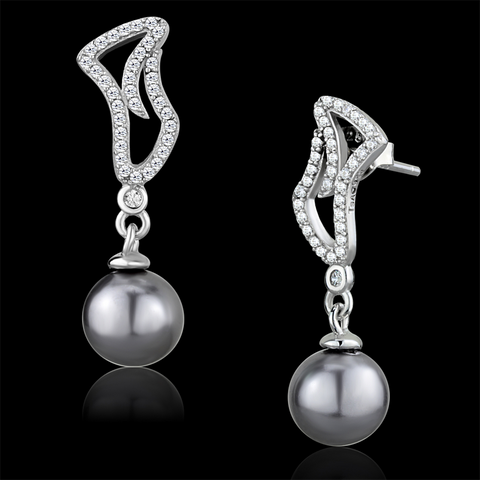 TS479 - Rhodium 925 Sterling Silver Earrings with Synthetic Pearl in Gray