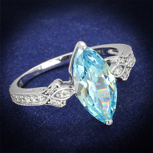 TS502 - Rhodium 925 Sterling Silver Ring with AAA Grade CZ  in Sea Blue