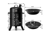 3-in-1 Portable Round Charcoal Smoker BBQ Grill W/ Built-in Thermometer