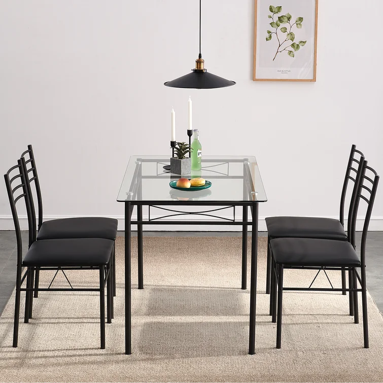 5 Pcs Dining Set Glass Table and 4 Chairs by Carmino