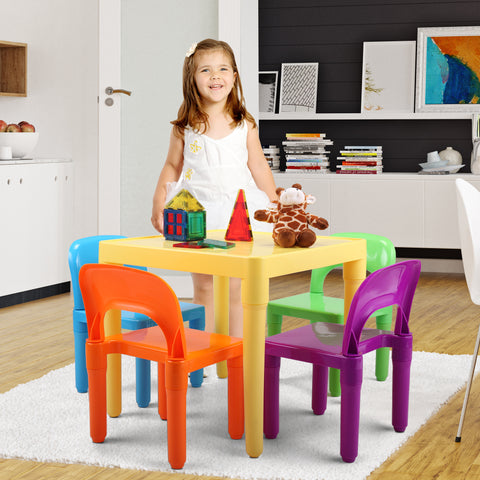Kid Table and 4 Chairs Set, 5 PCs Kid Furniture with Activity Table and Colorful Chair for School Home Play Room