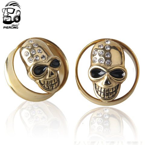 Stainless Steel Gold Fashion Skull Double Flares Ear Guage Plug Ear